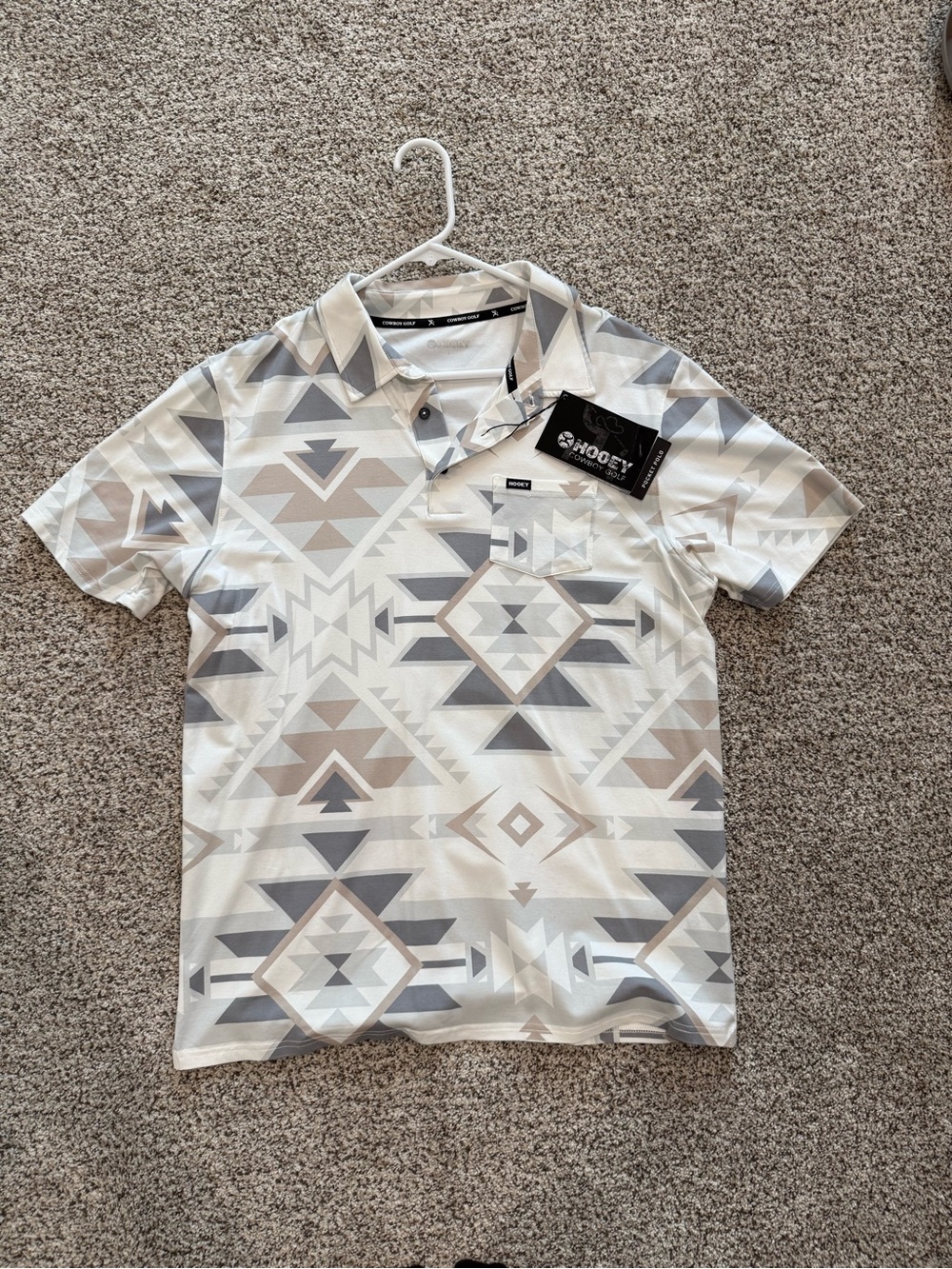Hooey Men’s Short Sleeve Polo - White, Gray, Tan Geometric